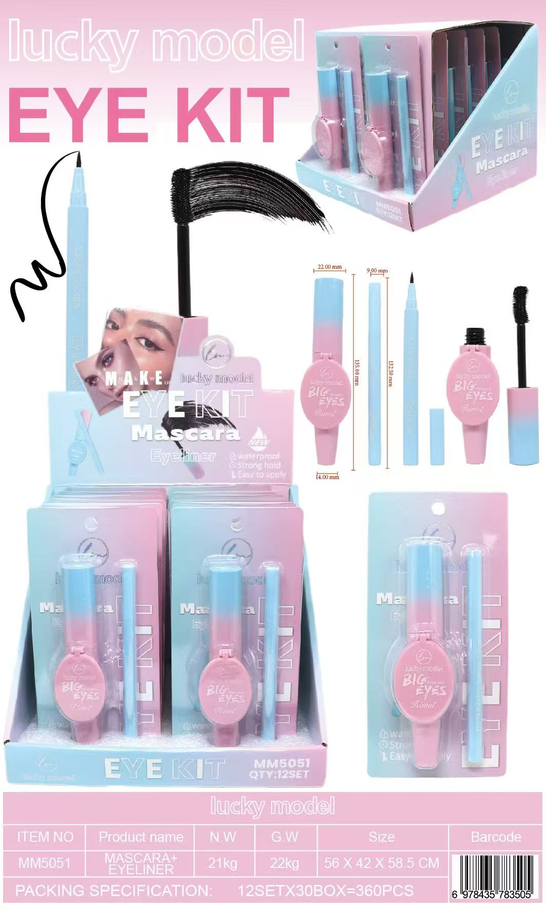 Lucky Model Big Eyes Mascara & Eyeliner Eye Kit with Compact Mirror