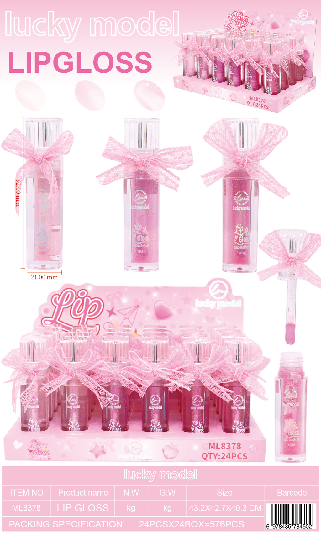 Lucky Model Pink Lace Bow High-Shine Shimmer Lip Gloss