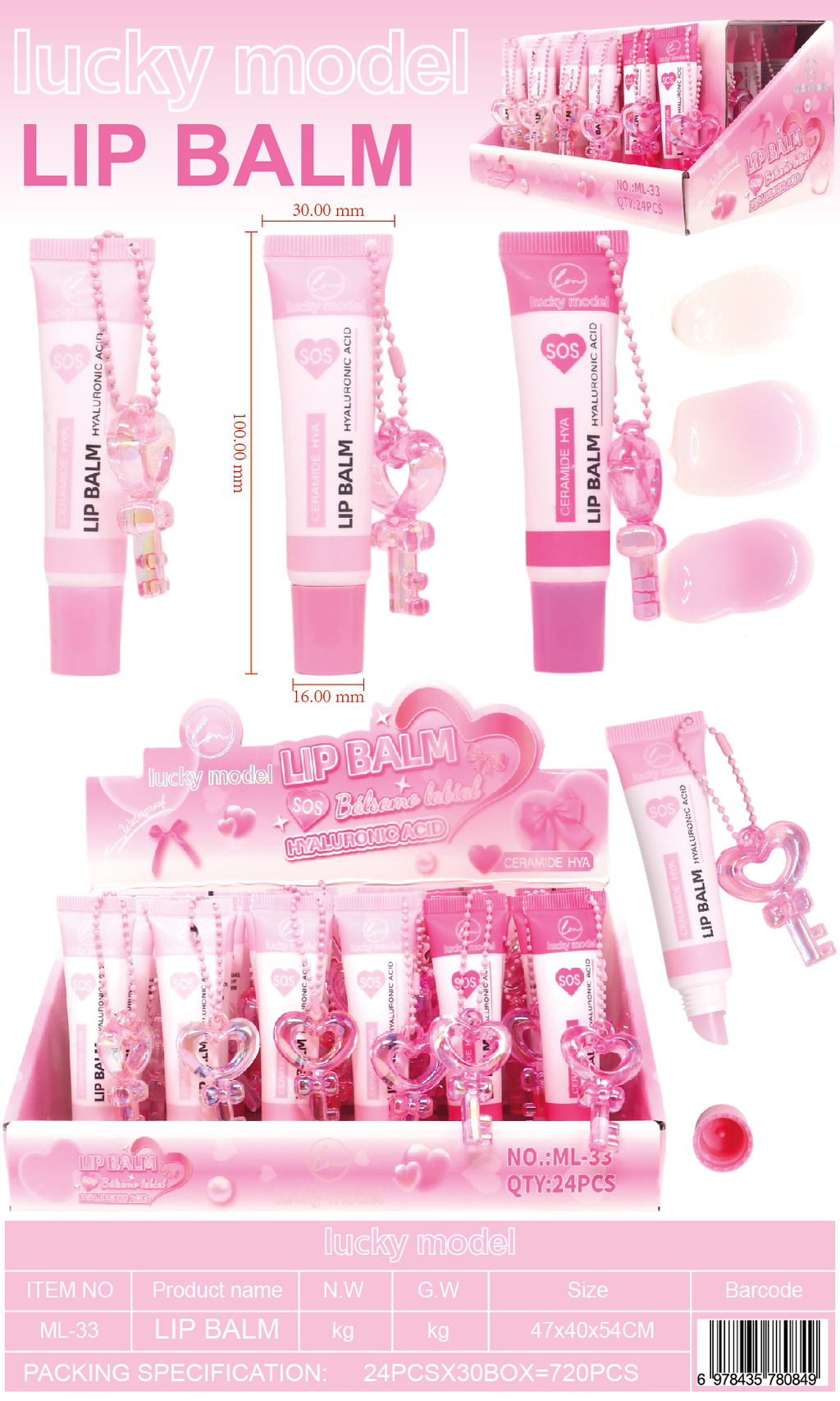 Lucky Model SOS Hydrating Lip Balm with Heart-Key Charm