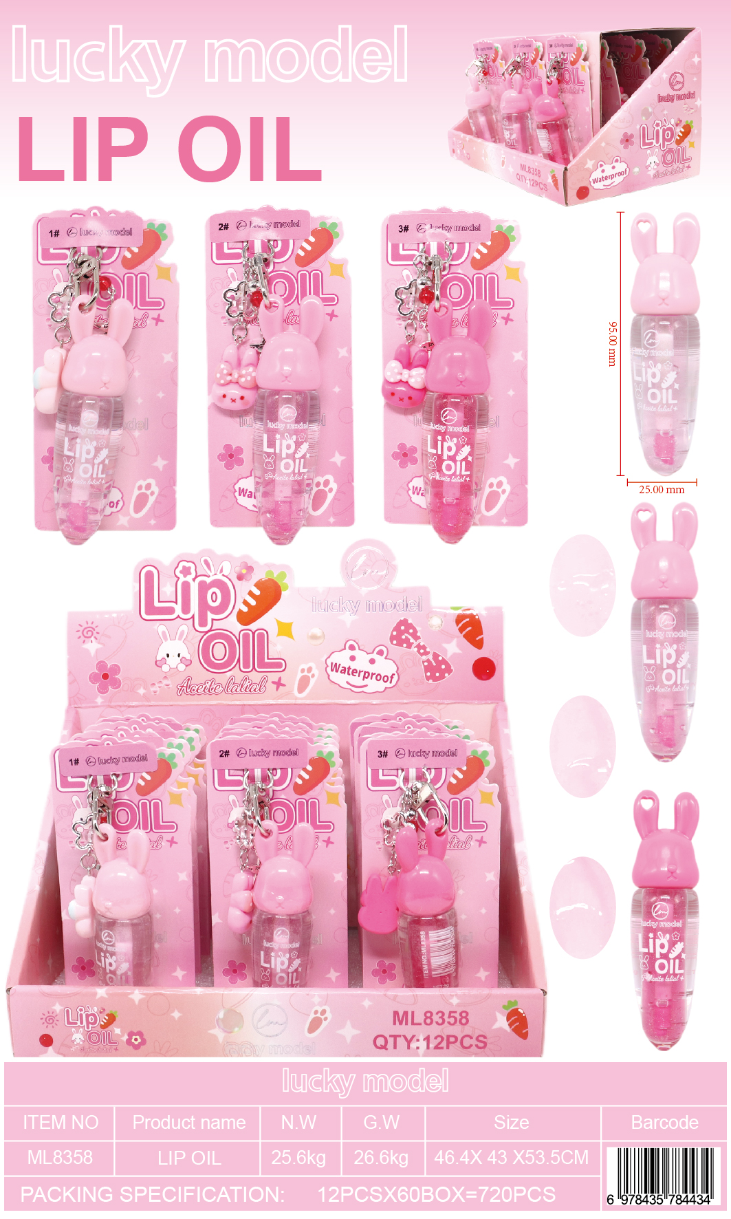 Lucky Model Bunny Cap Lip Oil Keychain Set