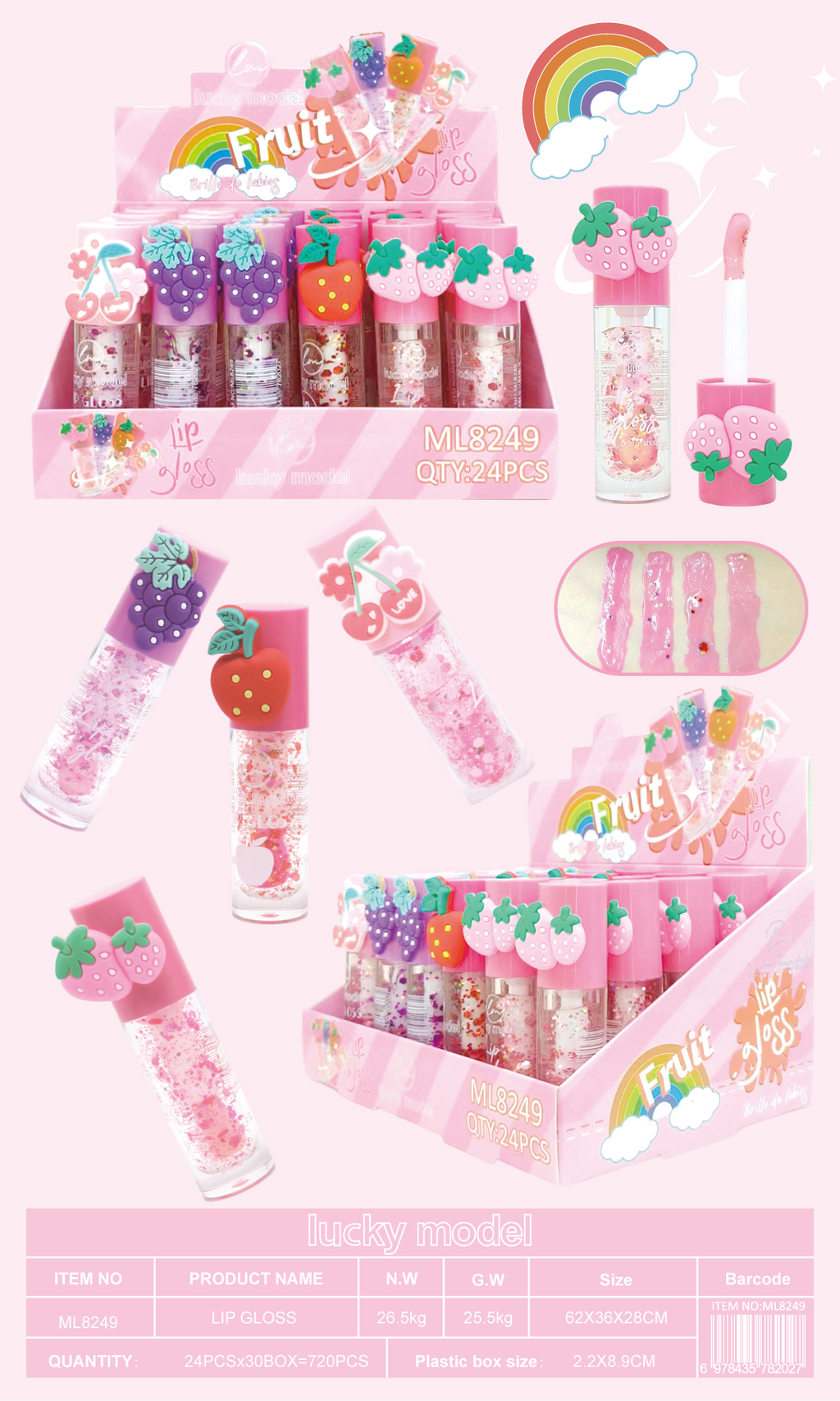 Lucky Model Fruit Charm Glitter Confetti Lip Gloss