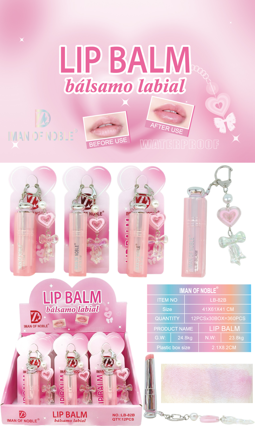 Iman of Noble Pearl & Ribbon Charm Keychain Waterproof Lip Balm