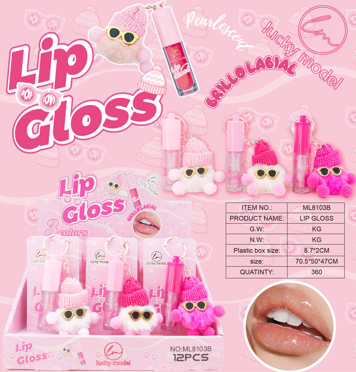 Lucky Model Pearlescent Lip Gloss Keychain with Beanie Plush Charm