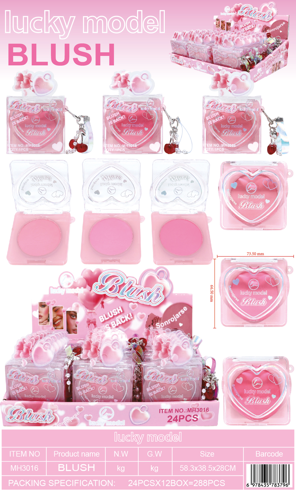 Lucky Model Heart Powder Blush Compact with Charm