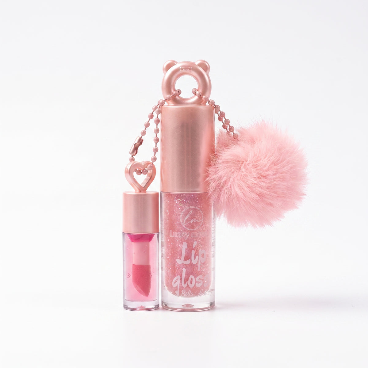 Lucky Model 2-in-1 Lip Gloss Duo with Fluffy Pom-Pom Charm