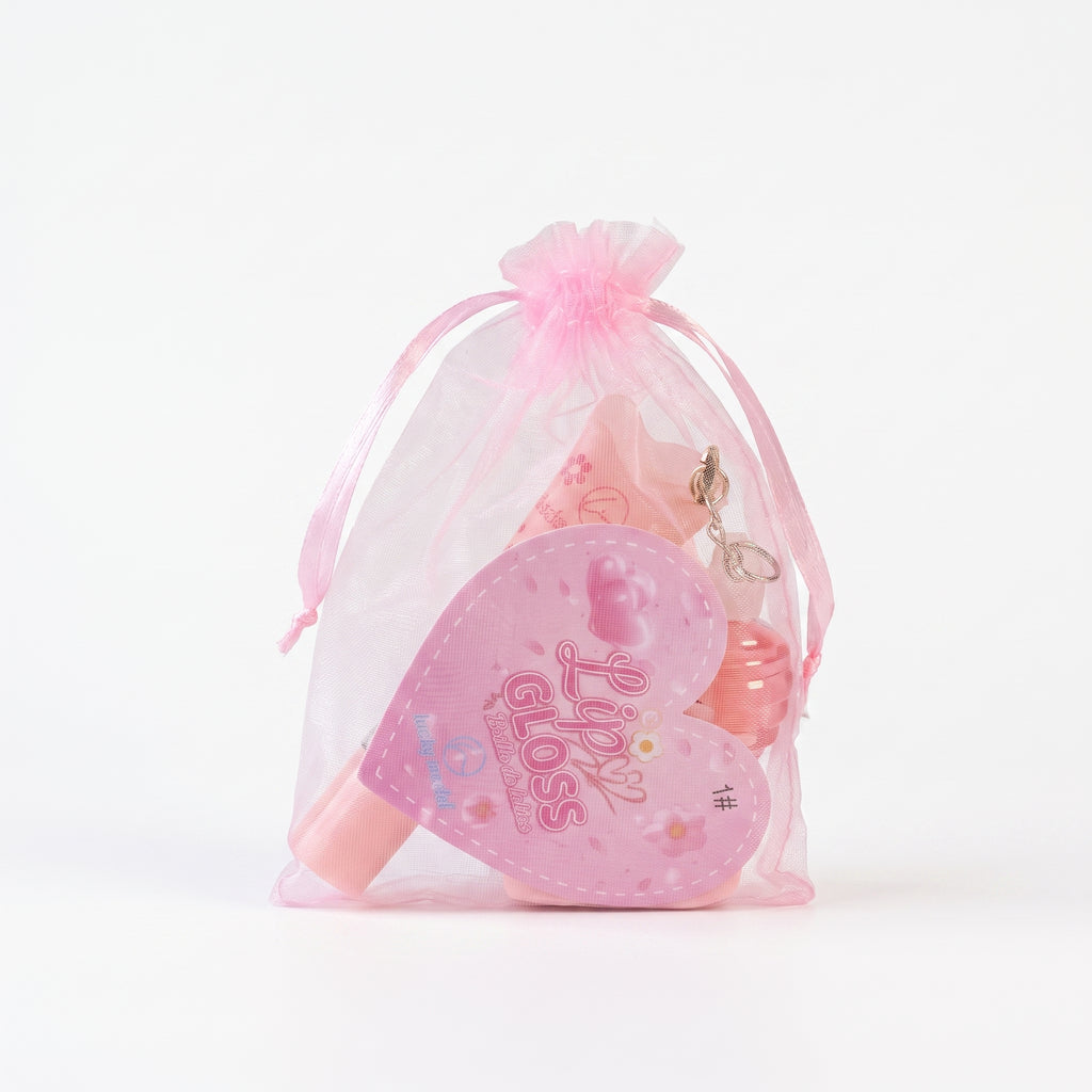 Lucky Model Lip Gloss Set in Pink Organza Pouch with Heart Makeup Sponge