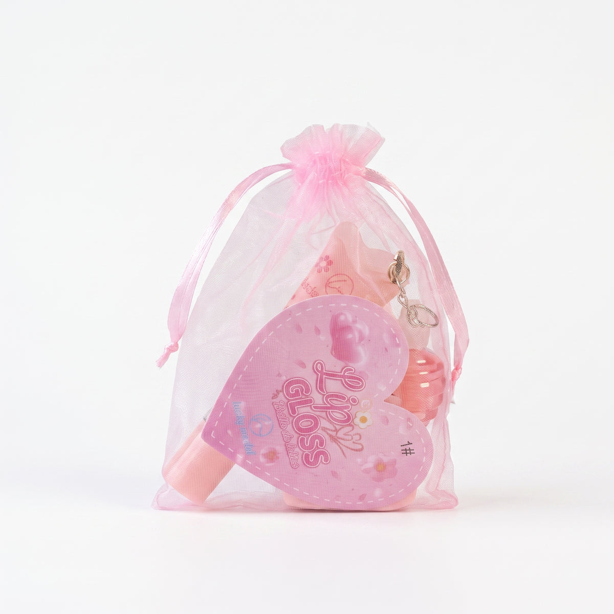 Lucky Model Lip Gloss Set in Pink Organza Pouch with Heart Makeup Sponge