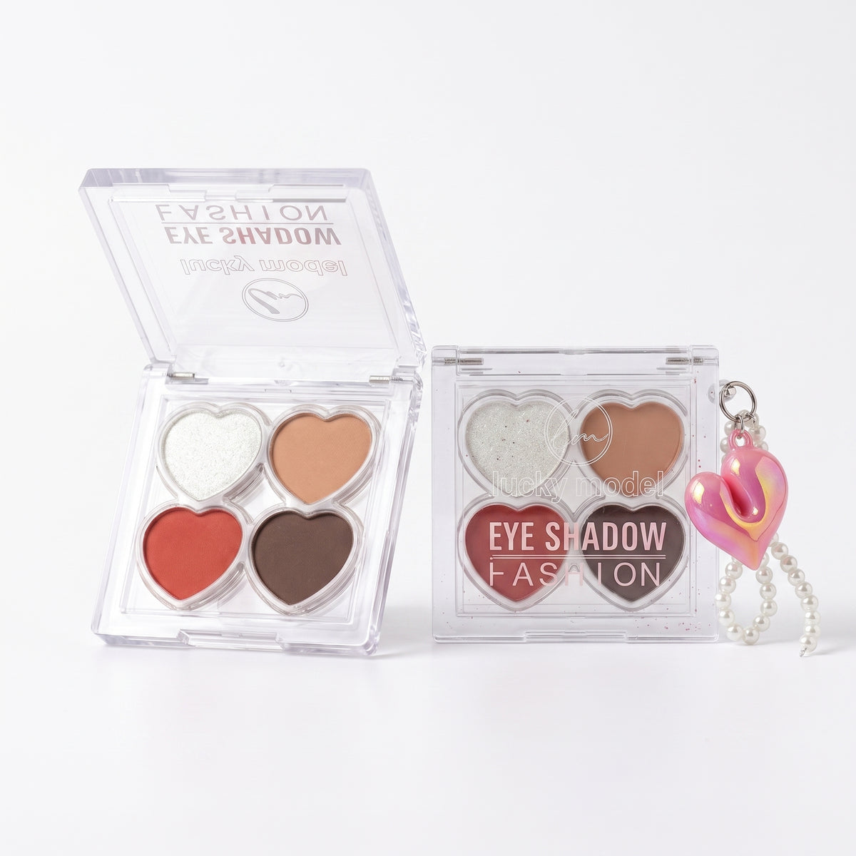 Lucky Model 4-Color Heart-Shaped Eyeshadow Palette Quad with Pearl Keychain Charm