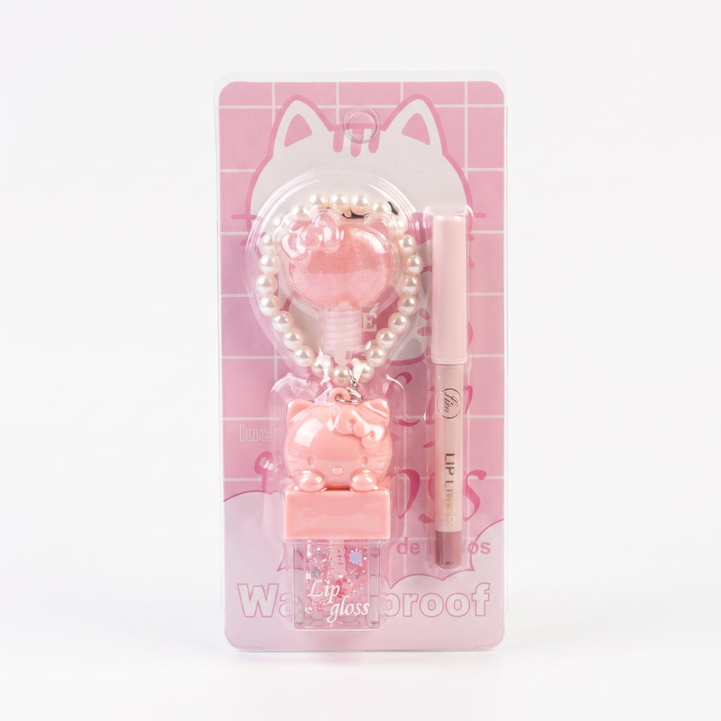 Lucky Model 2-in-1 Kitty Lip Gloss & Lip Liner Set with Pearl Wristlet