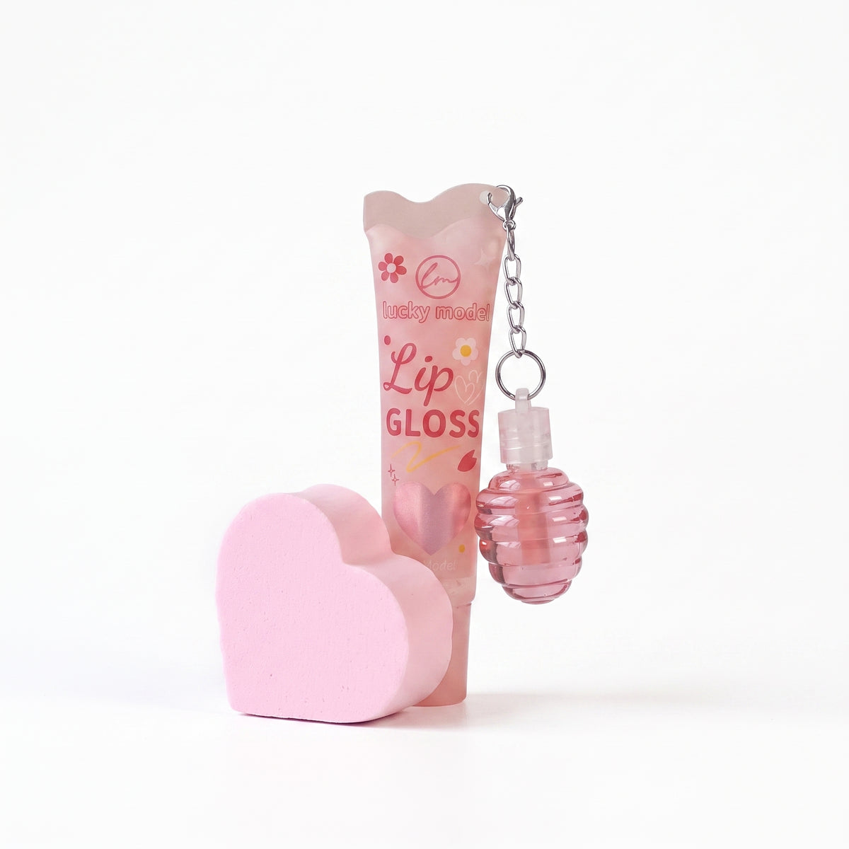 Lucky Model Lip Gloss Set in Pink Organza Pouch with Heart Makeup Sponge