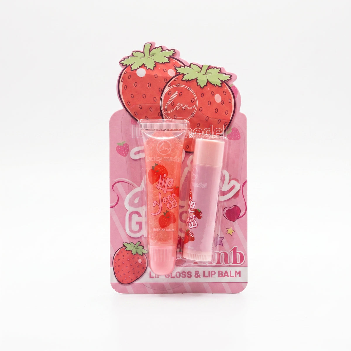 Lucky Model Strawberry Print 2-in-1 Lip Gloss & Lip Balm Set