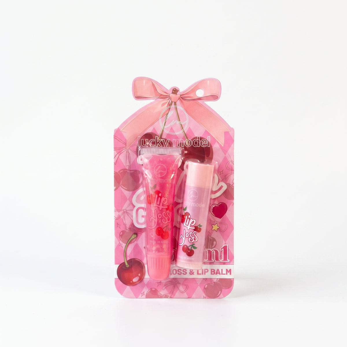 Lucky Model Cherry Print 2-in-1 Lip Gloss & Lip Balm Set