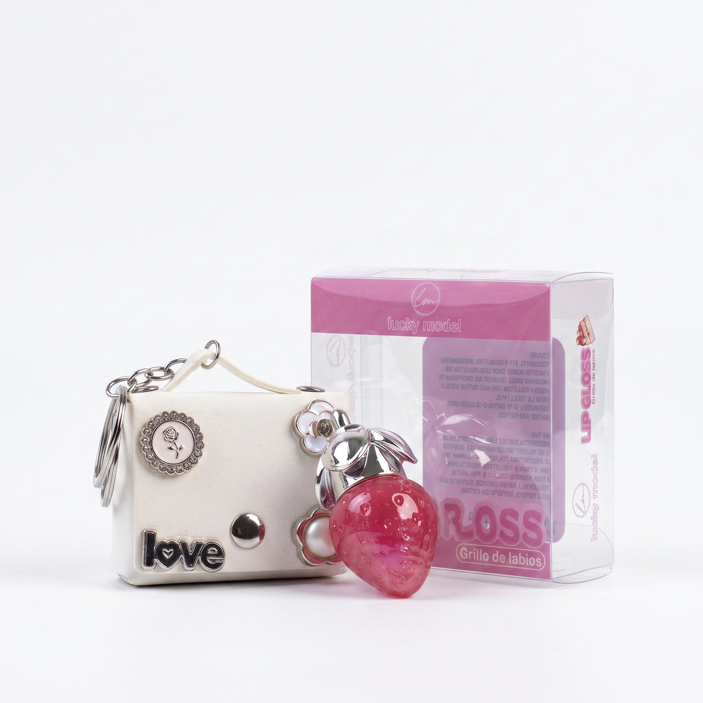 Lucky Model Strawberry Lip Gloss & Mini Handbag Keychain Set
