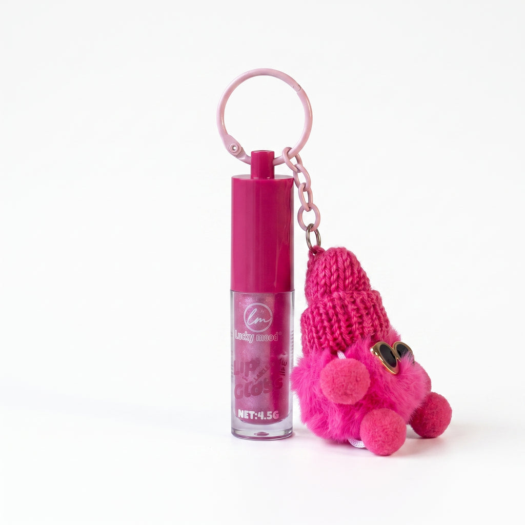 Lucky Model Pearlescent Lip Gloss Keychain with Beanie Plush Charm