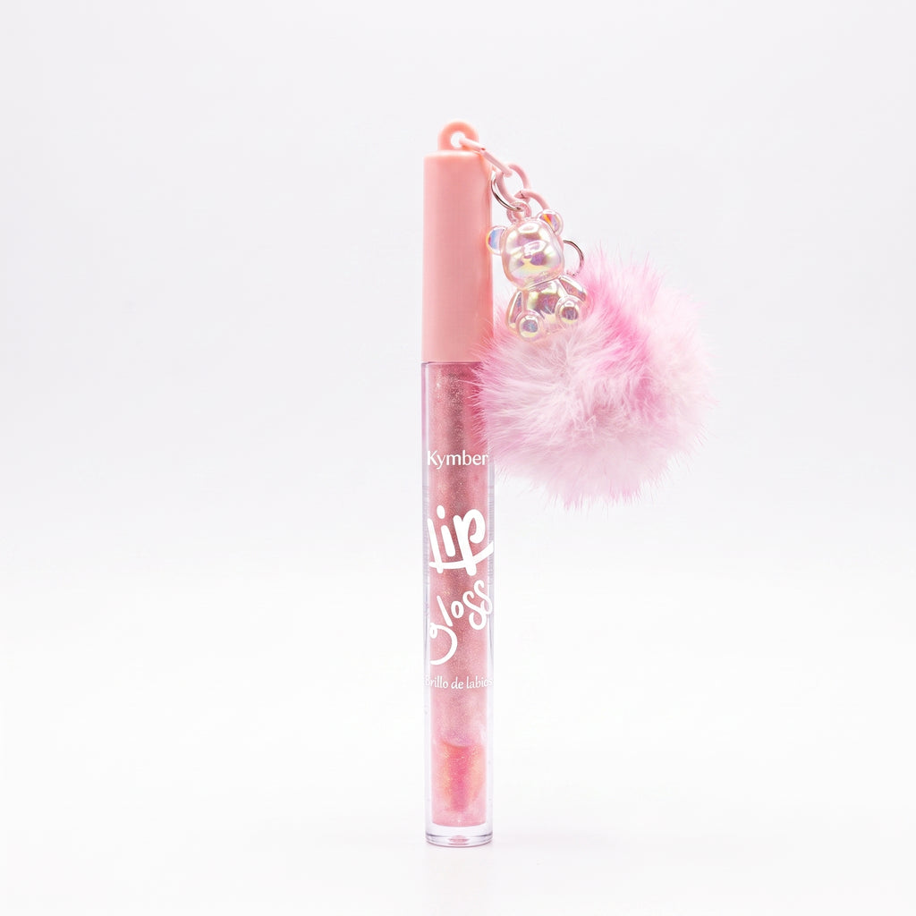 Lucky Model Fluffy Pom-Pom Lip Gloss Keychain with Bear Charm
