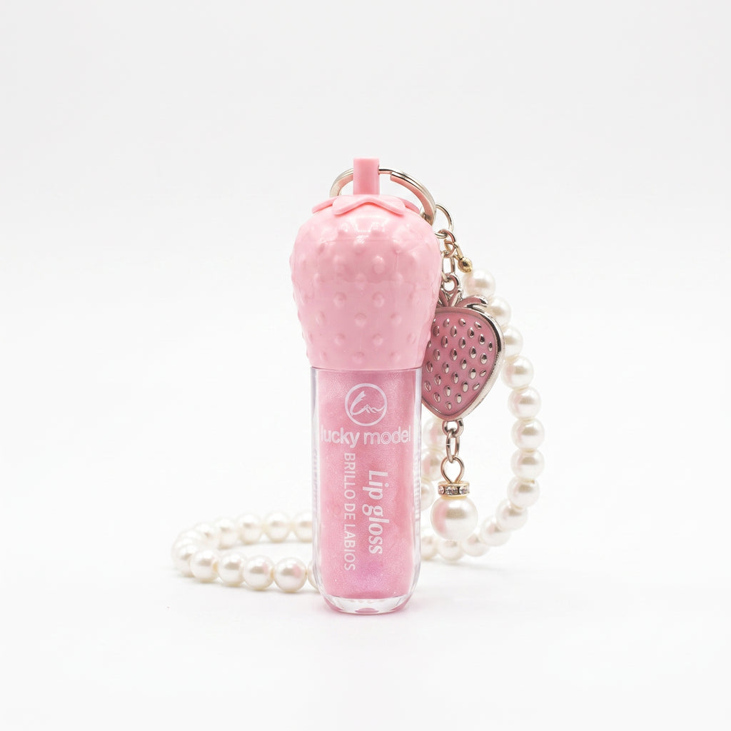 Lucky Model Strawberry Lip Gloss Keychain with Pearl Strap & Charm