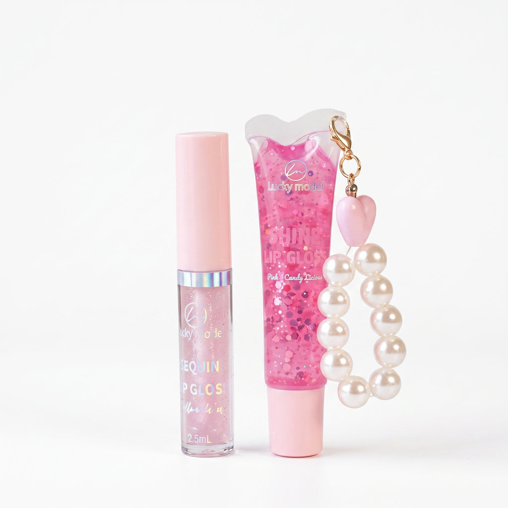 Lucky Model 2-in-1 Lip Gloss Duo Set with Pearl Charm