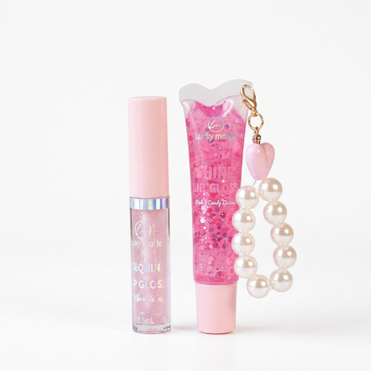 Lucky Model 2-in-1 Lip Gloss Duo Set with Pearl Charm