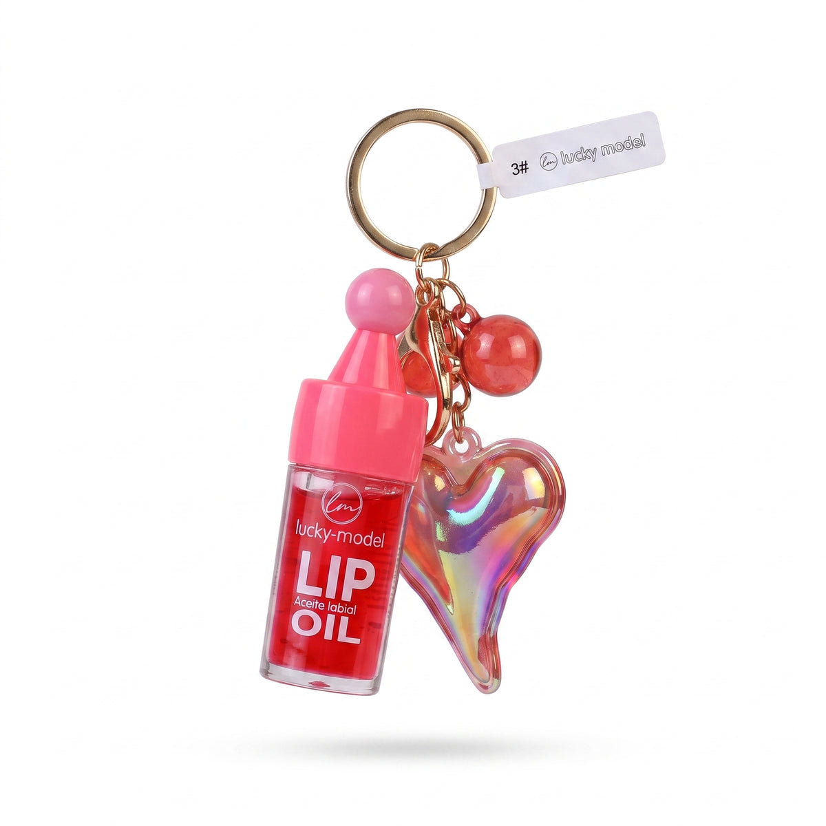 Lucky Model Magic Lip Oil Keychain with Iridescent Heart Charm