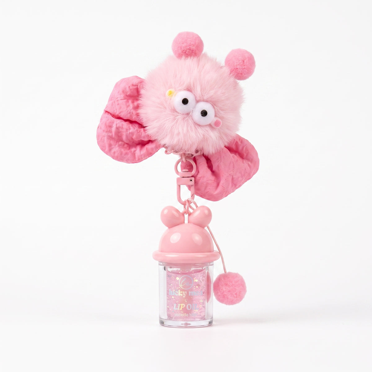Lucky Model Fluffy Plush Creature Lip Oil Keychain with Bow