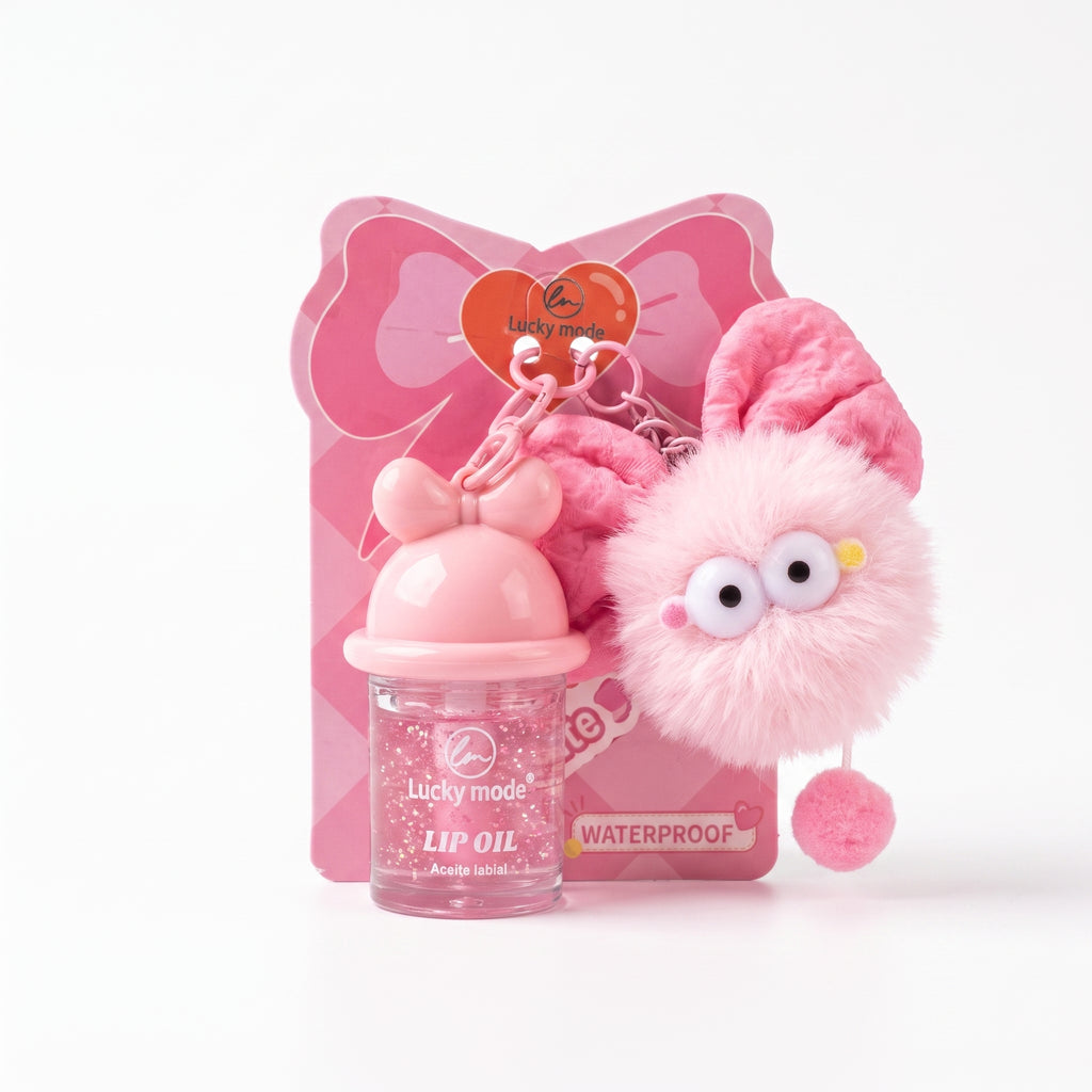 Lucky Model Fluffy Plush Creature Lip Oil Keychain with Bow
