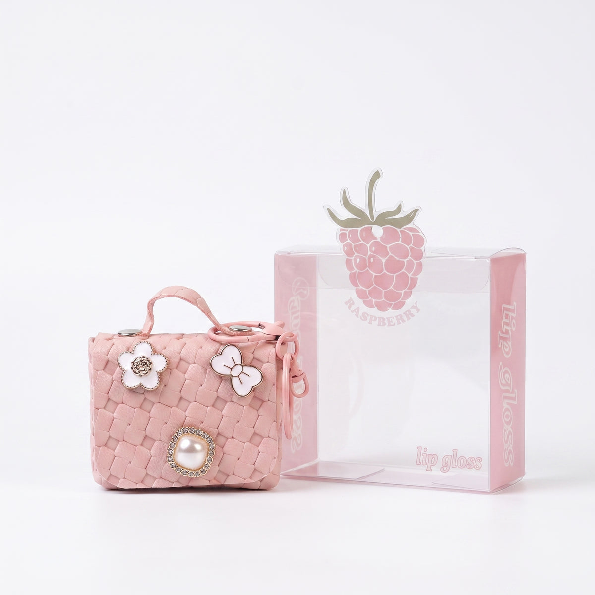 Raspberry Lip Gloss & Pink Woven Mini Handbag Keychain Set