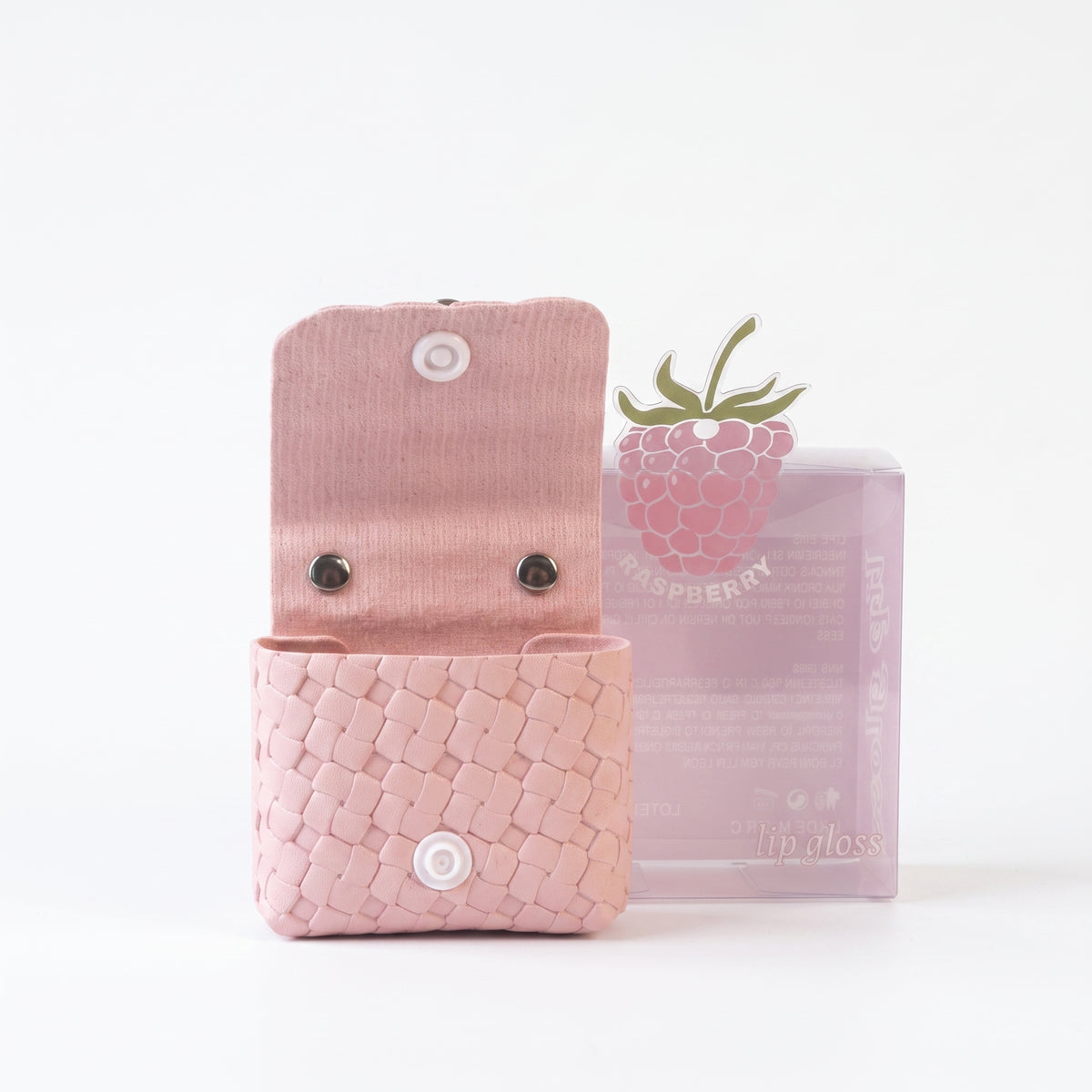 Raspberry Lip Gloss & Pink Woven Mini Handbag Keychain Set