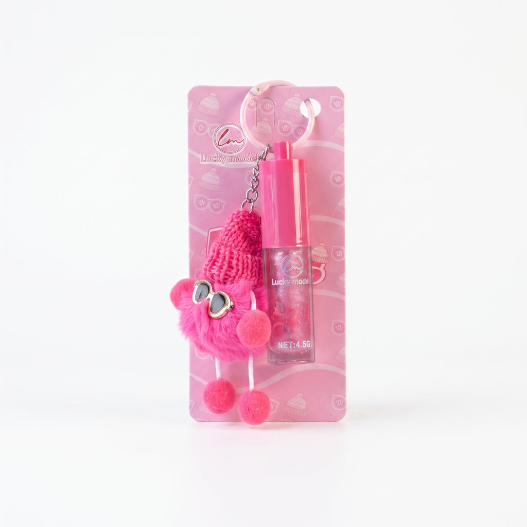 Lucky Model Pearlescent Lip Gloss Keychain with Beanie Plush Charm