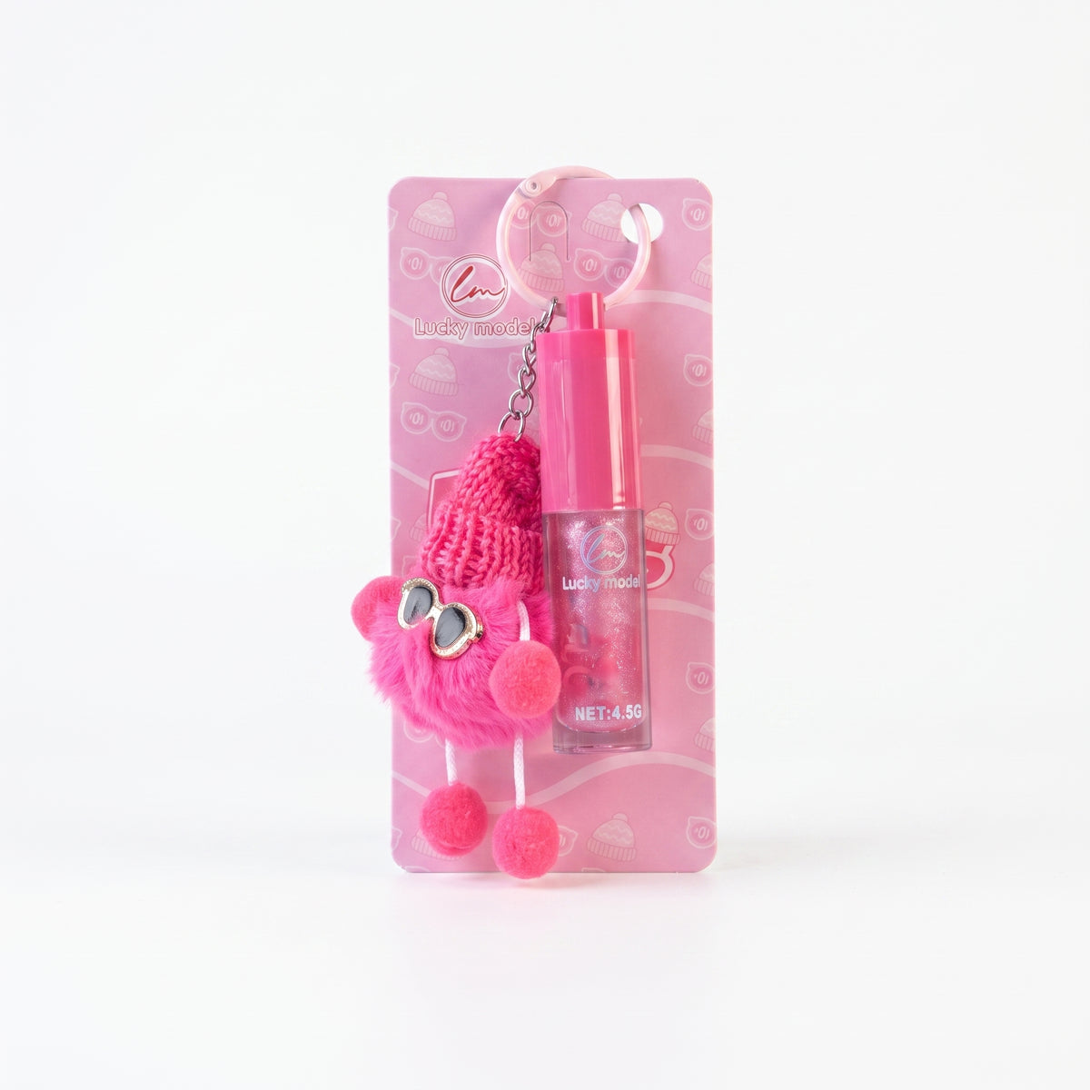 Lucky Model Pearlescent Lip Gloss Keychain with Beanie Plush Charm