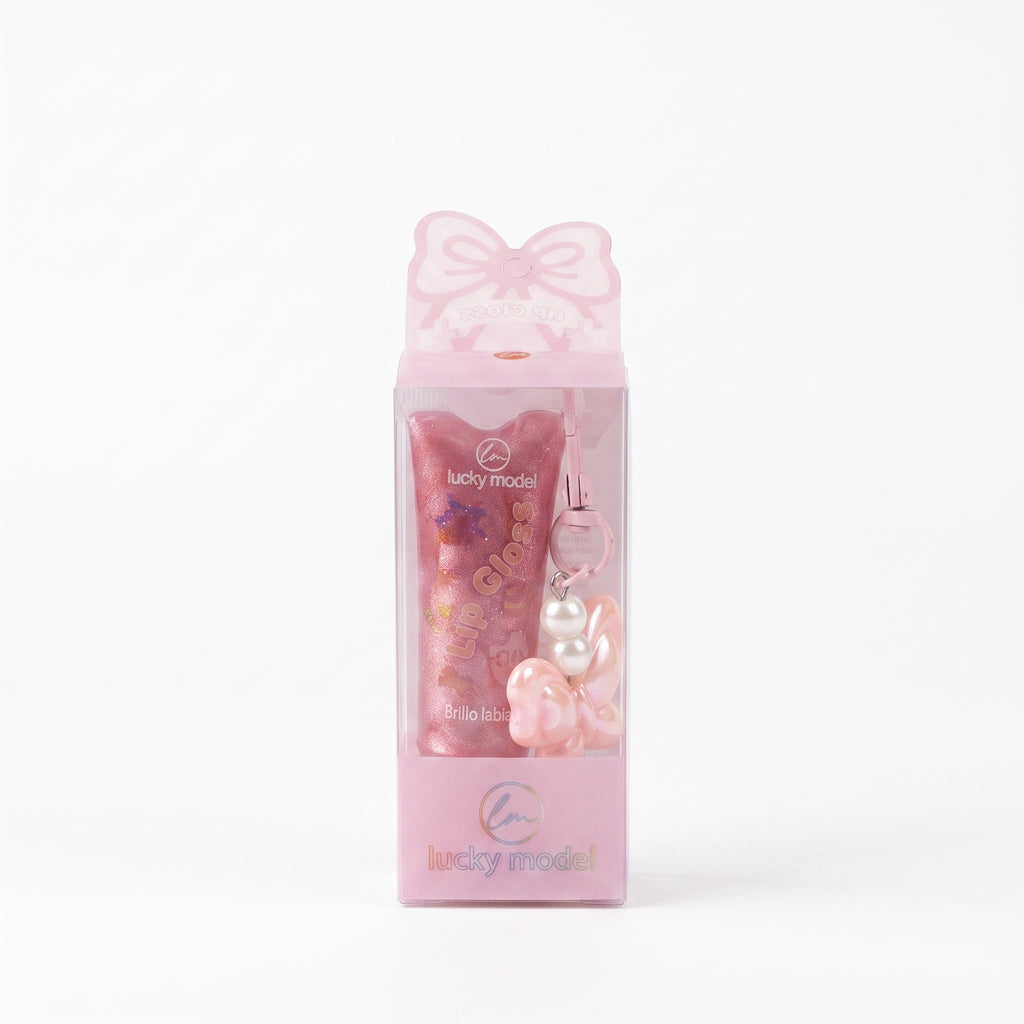 IMAN OF NOBLE 3-in-1 Glitter Lip Gloss Keychain Set with Fluffy Pom-Pom