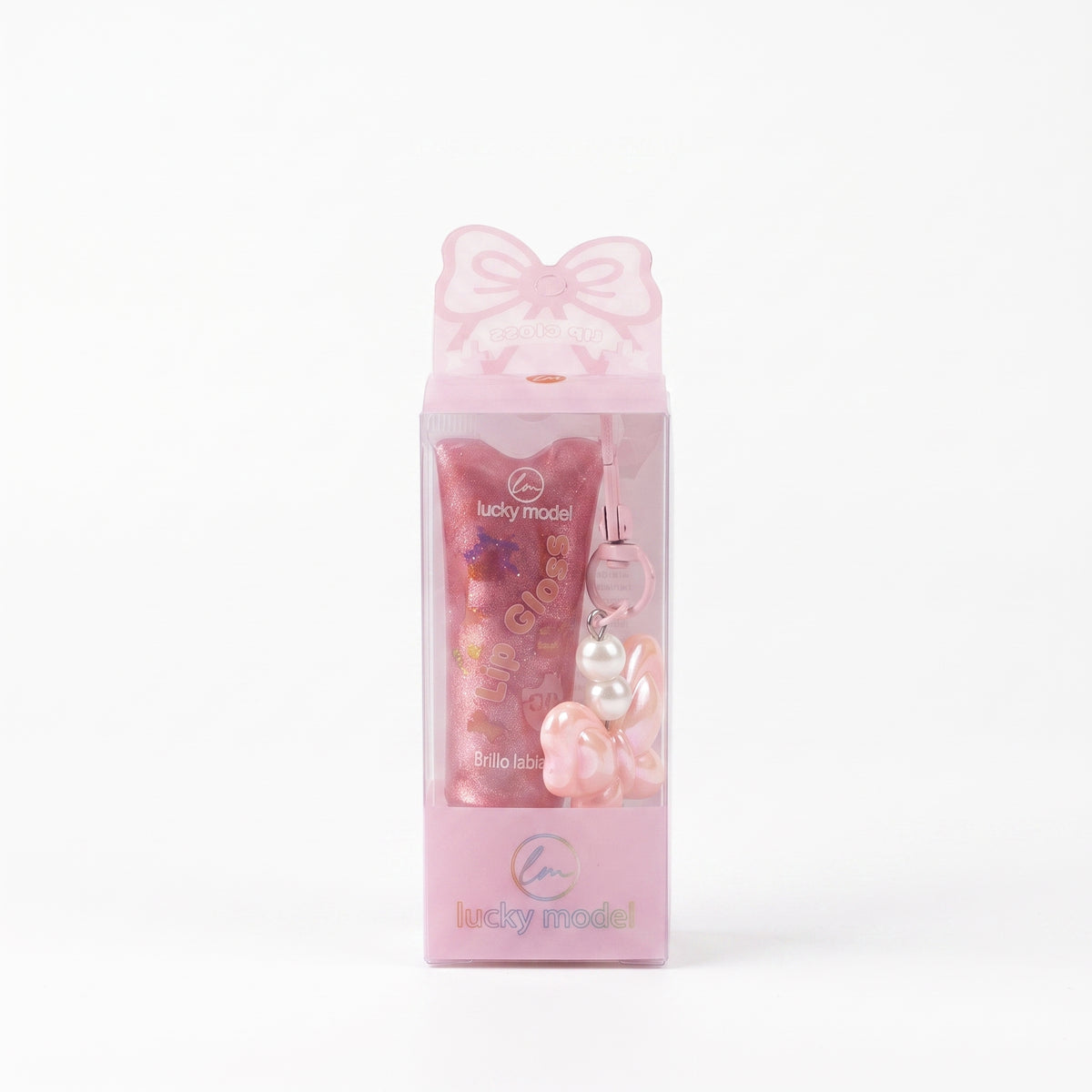 IMAN OF NOBLE 3-in-1 Glitter Lip Gloss Keychain Set with Fluffy Pom-Pom