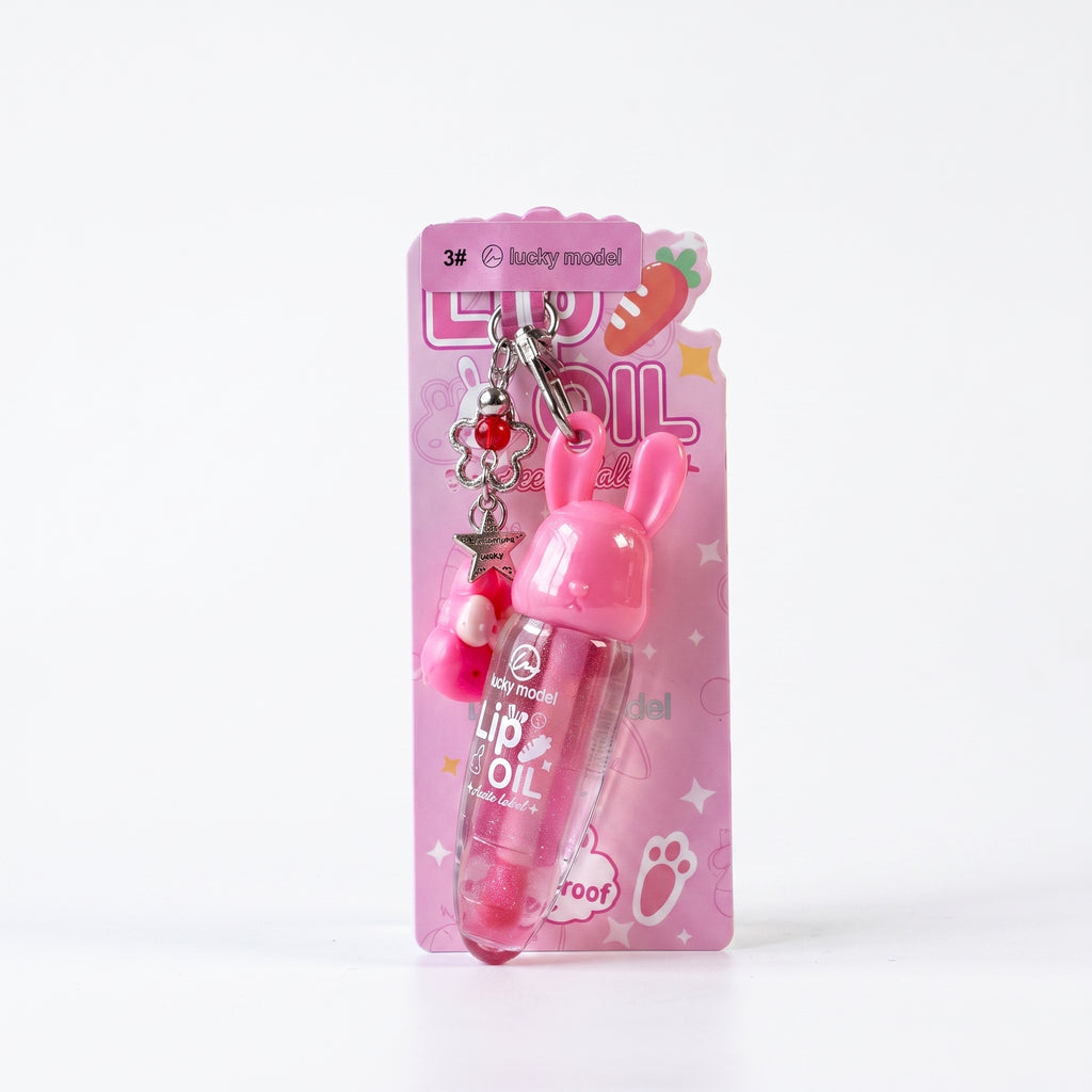 Lucky Model Bunny Cap Lip Oil Keychain Set