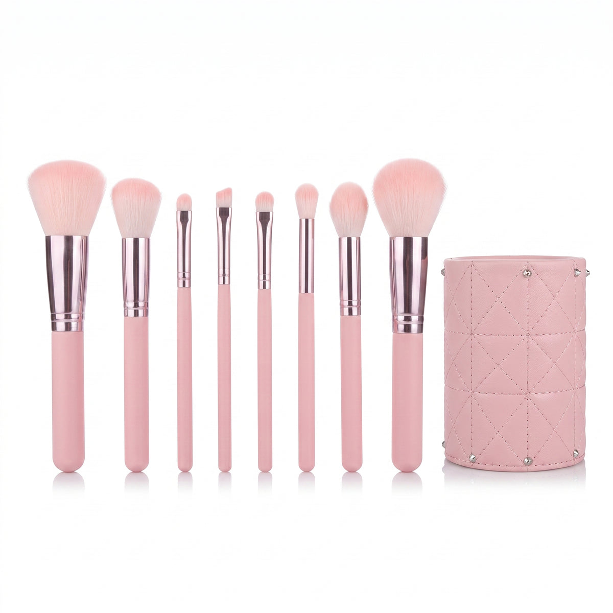 Sweet Beauty Deluxe 8-Piece Soft Pink Makeup Brush Set with Quilted Storage Holder