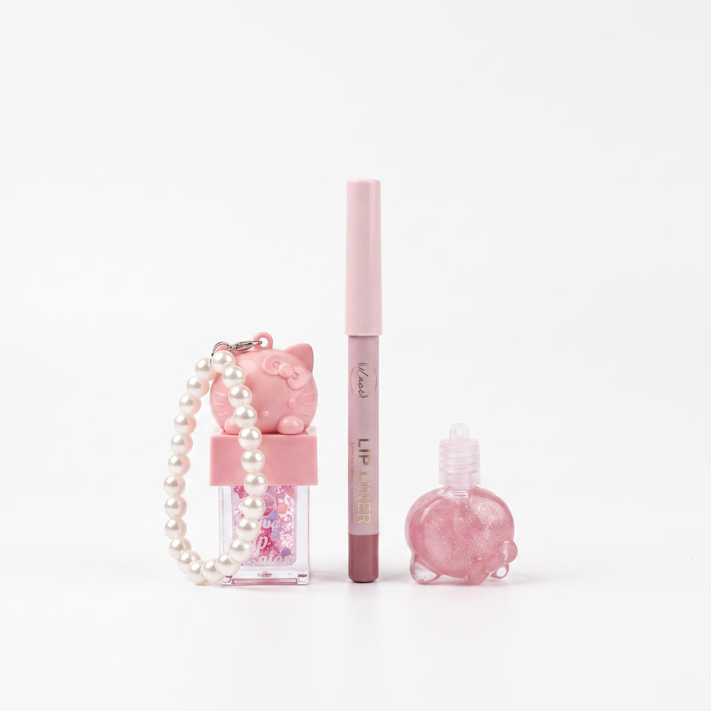 Lucky Model 2-in-1 Kitty Lip Gloss & Lip Liner Set with Pearl Wristlet