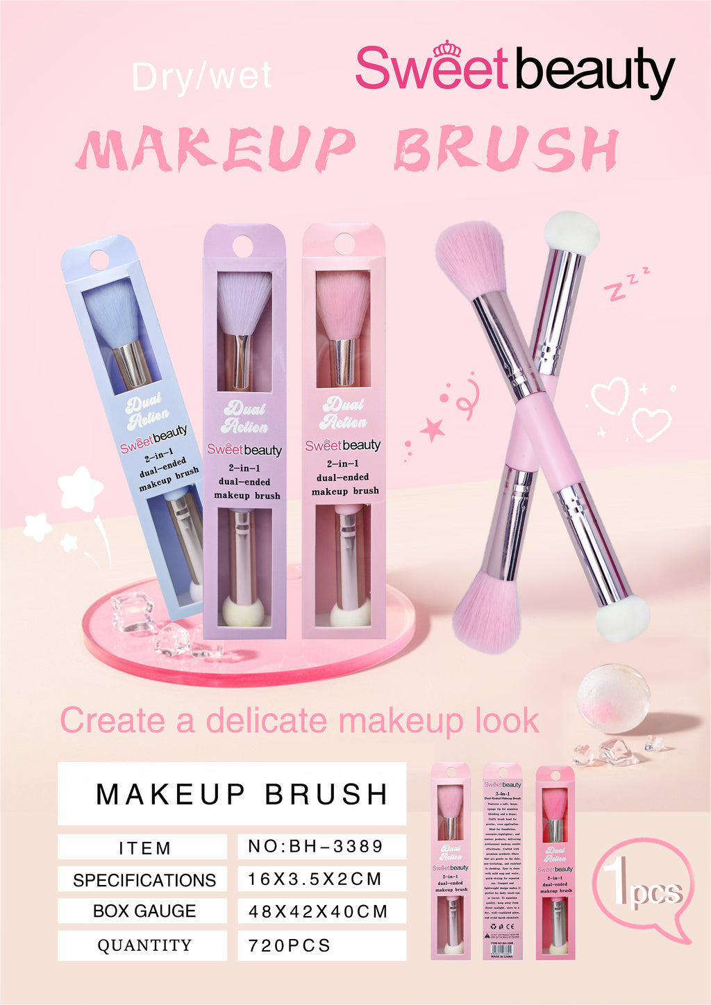 Sweet Beauty Dual Action 2-in-1 Dual-Ended Makeup Brush & Sponge