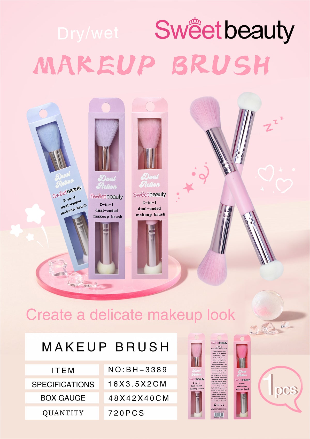 Sweet Beauty Dual Action 2-in-1 Dual-Ended Makeup Brush & Sponge