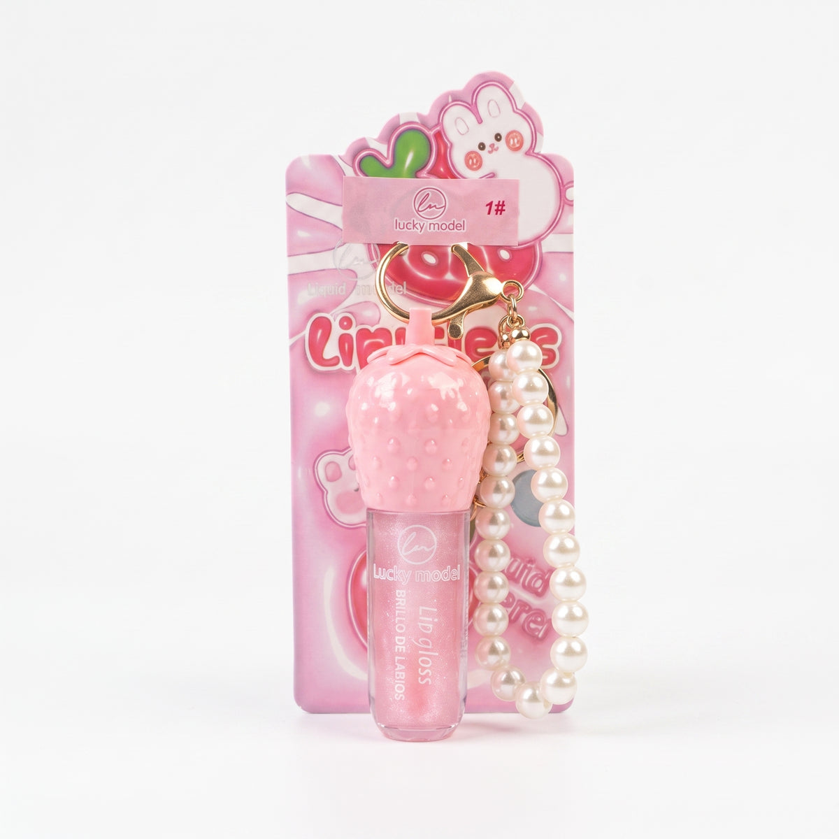 Lucky Model Strawberry Lip Gloss Keychain with Pearl Strap & Charm