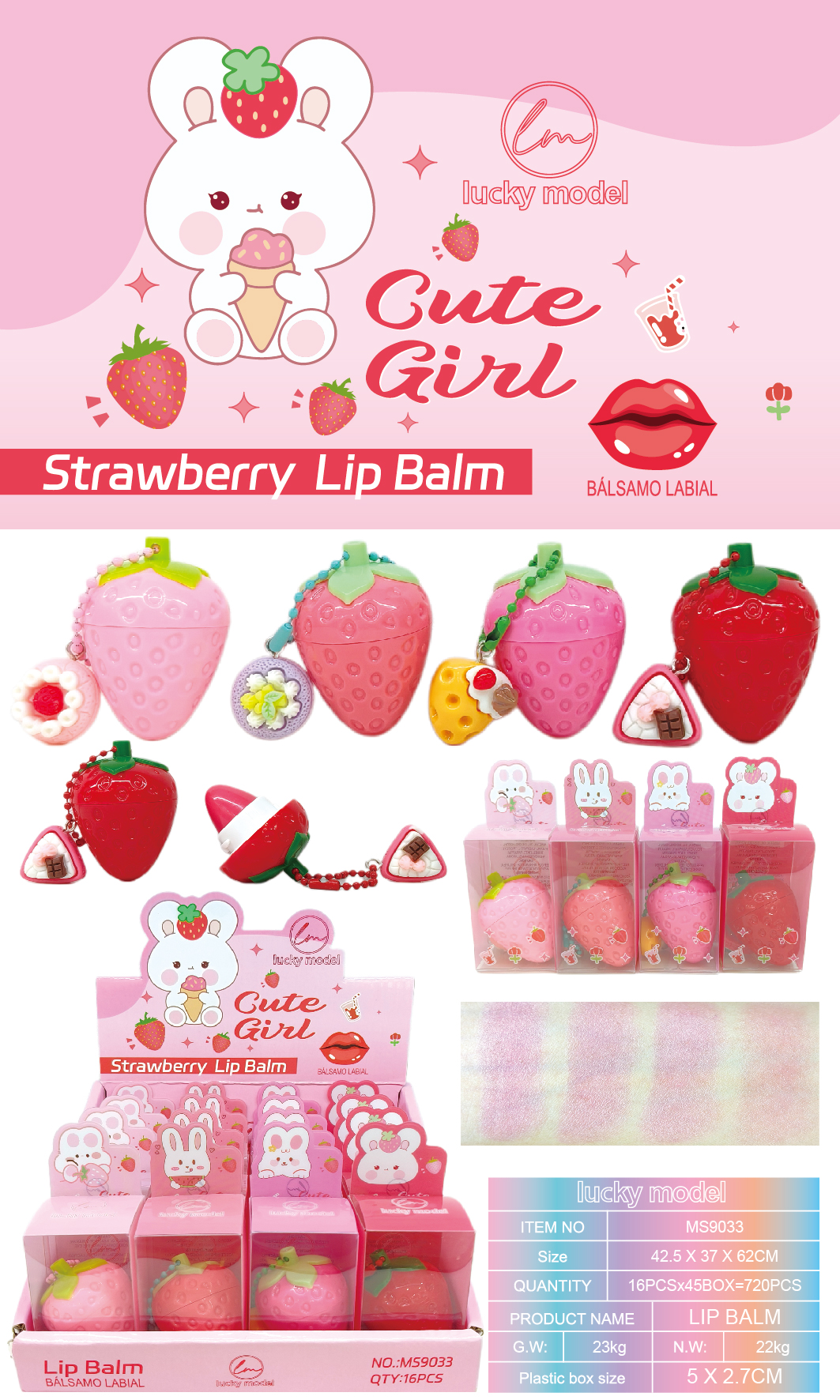 Lucky Model Cute Girl Strawberry Charm Lip Balm