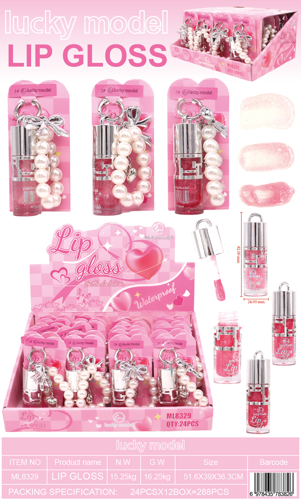 Lucky Model Shimmer Lip Gloss with Pearl Bead Bracelet & Bow Charm