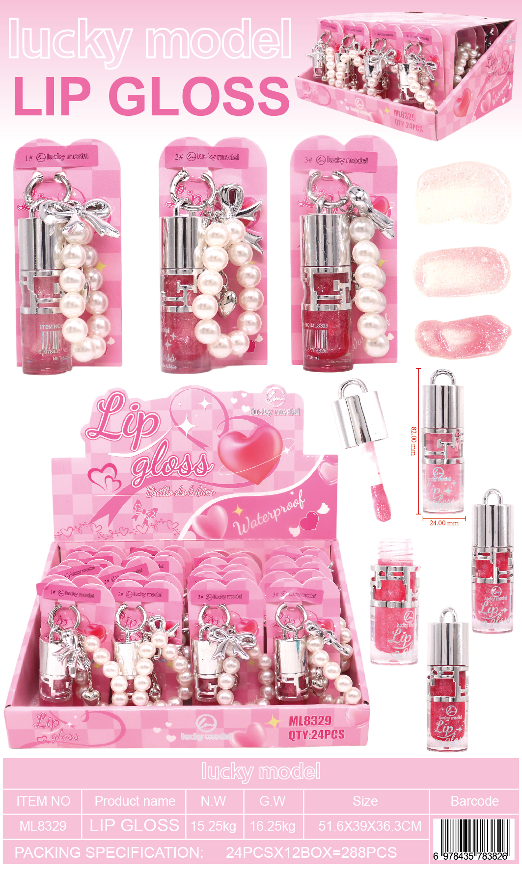 Lucky Model Shimmer Lip Gloss with Pearl Bead Bracelet & Bow Charm