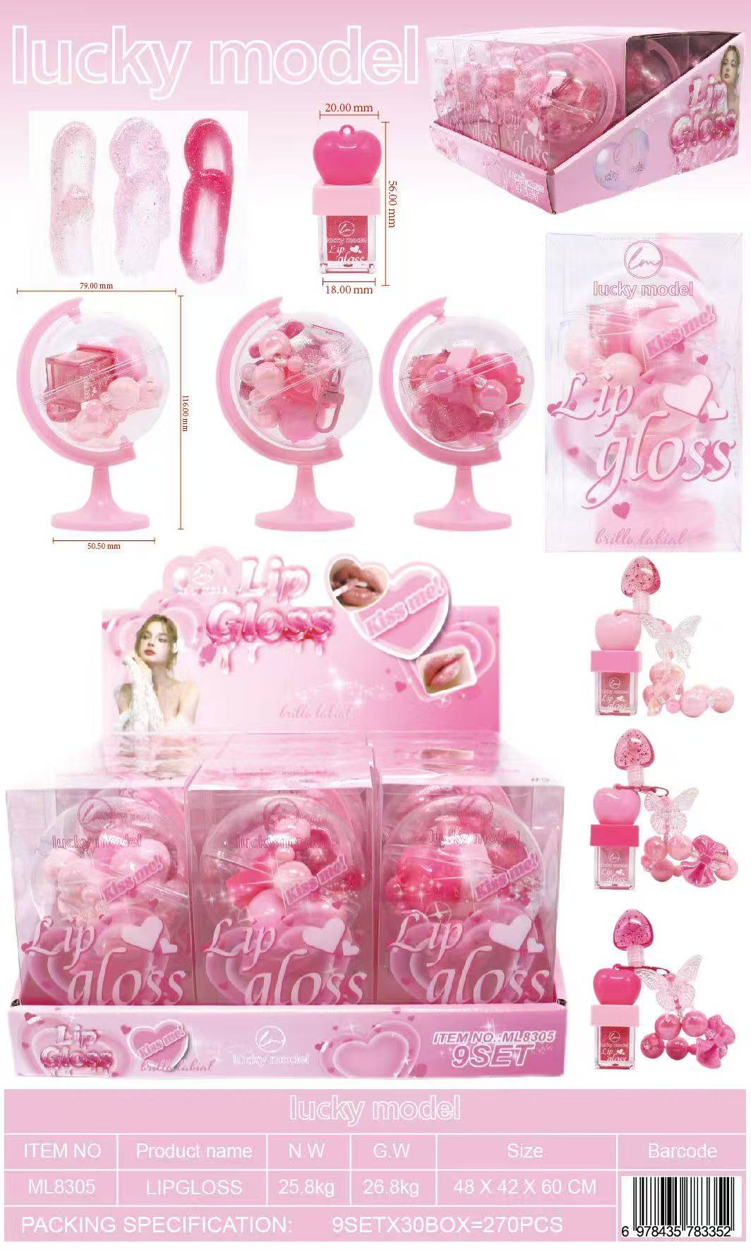 Lucky Model Novelty Globe Lip Gloss & Charm Gift Set