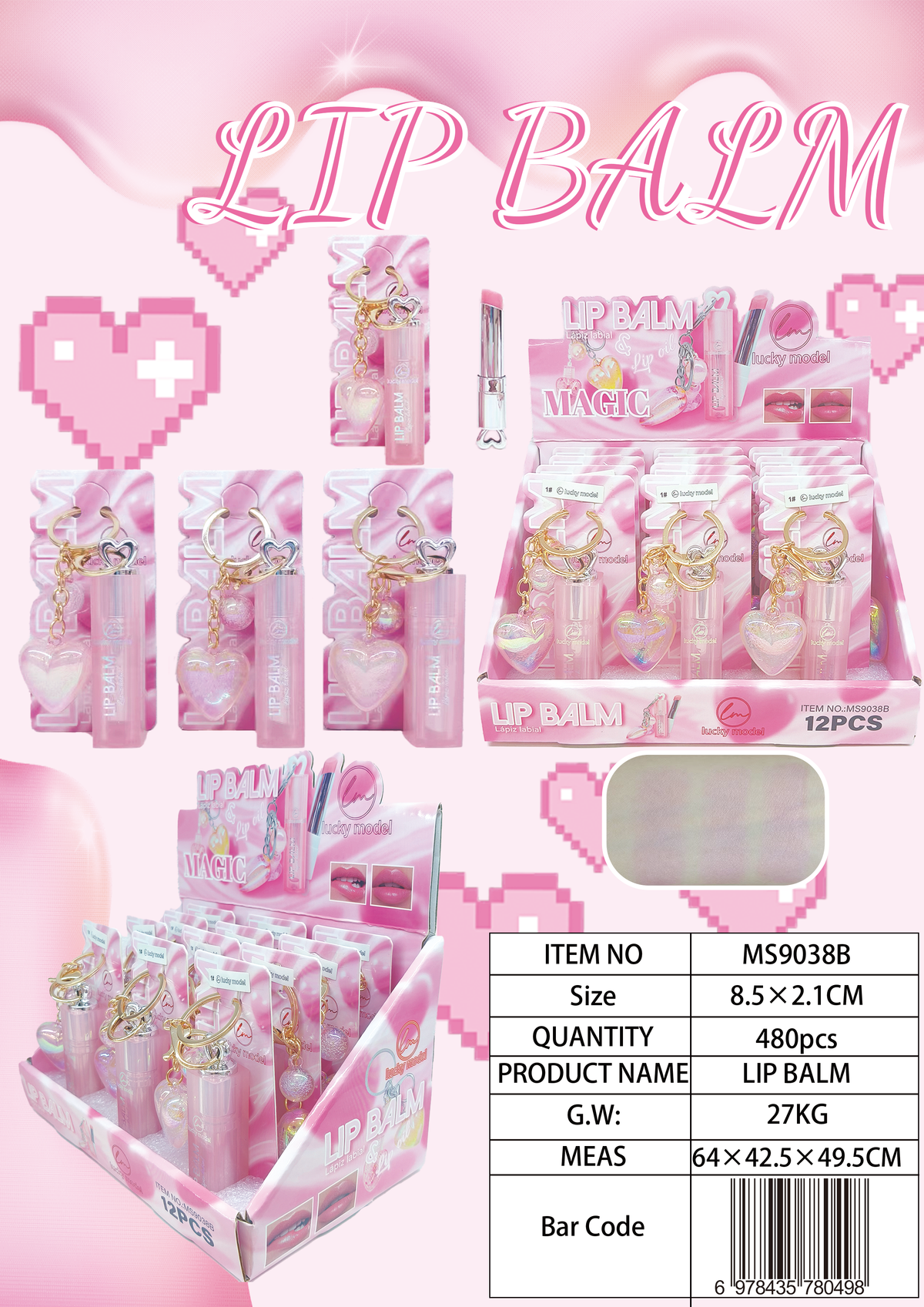 Lucky Model Heart Charm Keychain Magic Color-Changing Lip Balm